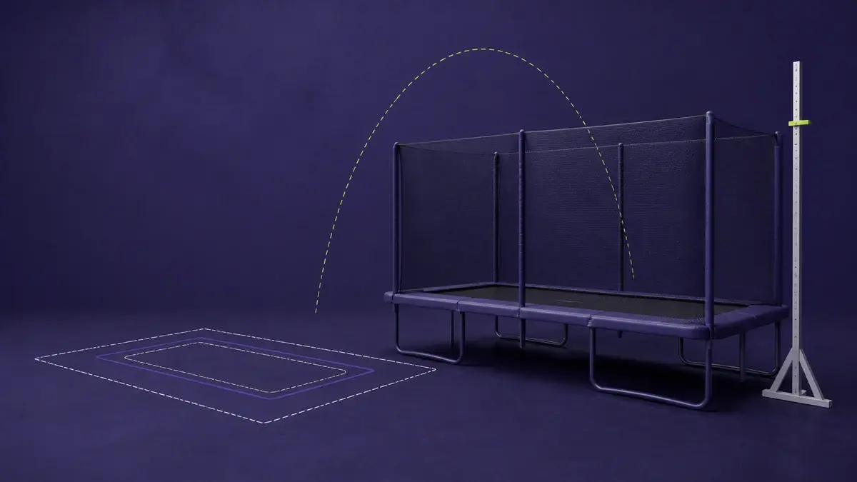 Rektangulær havetrampolin med sikkerhedsnet og markerede størrelsesaftryk